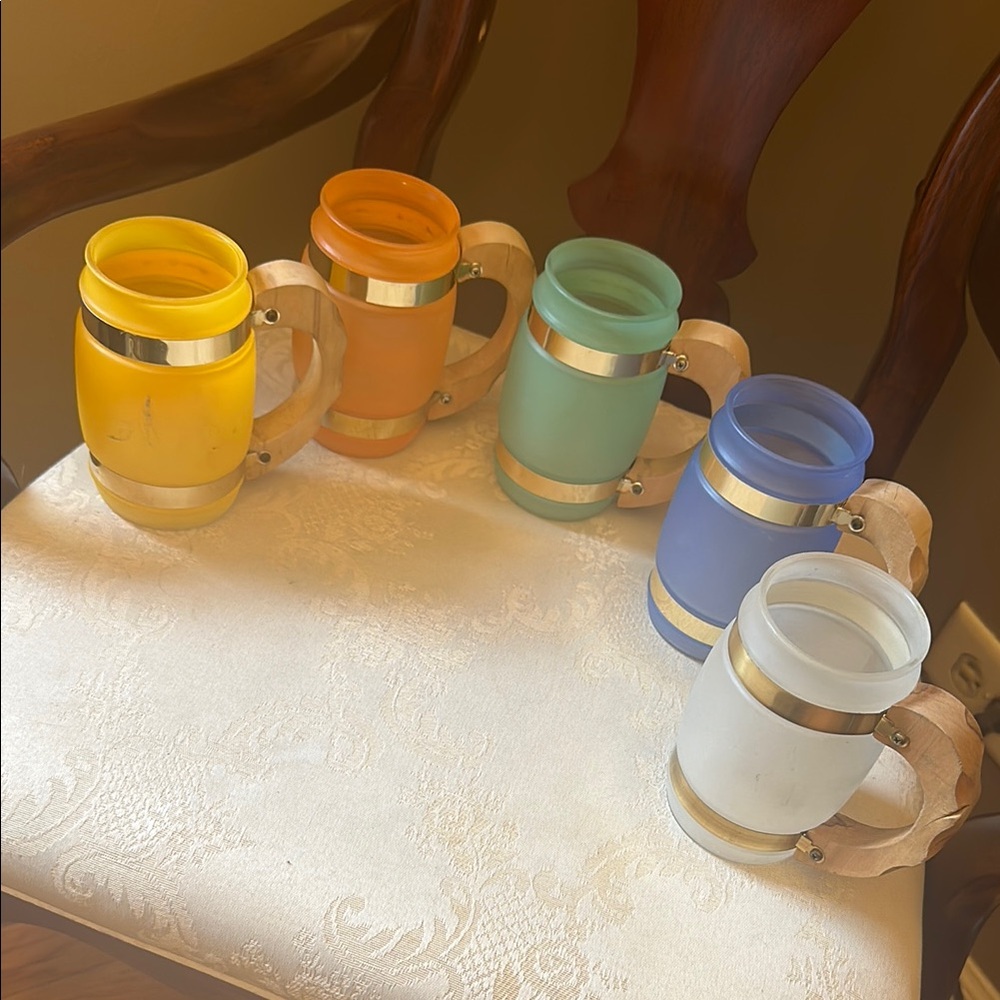 Siesta Ware vintage frosted glass wood handle pint barrel mugs, set of 5